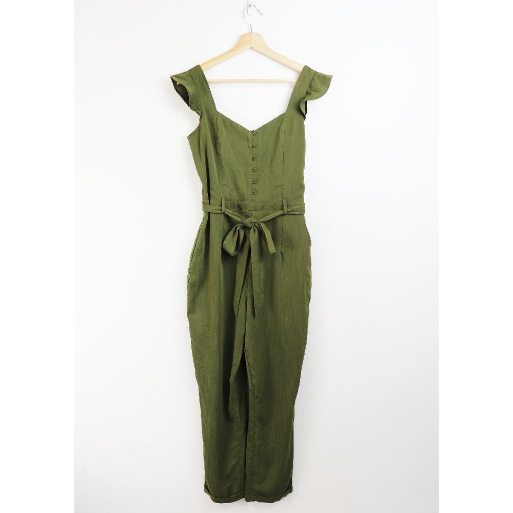 Heartloom Olive Green Button-Front Tie-Waist Jumpsuit - Picture 4 of 7